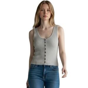 Moon & Madison Women's Knit Tank Top S Beige Button Front Sleeveless Scoop Neck